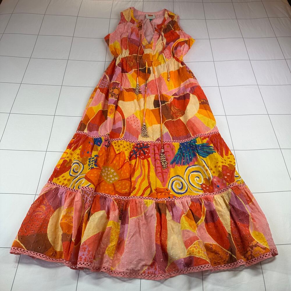 Farm Rio Dress Womens Small Orange Pink Twirl Patch Midi Tiered Bright Tropical